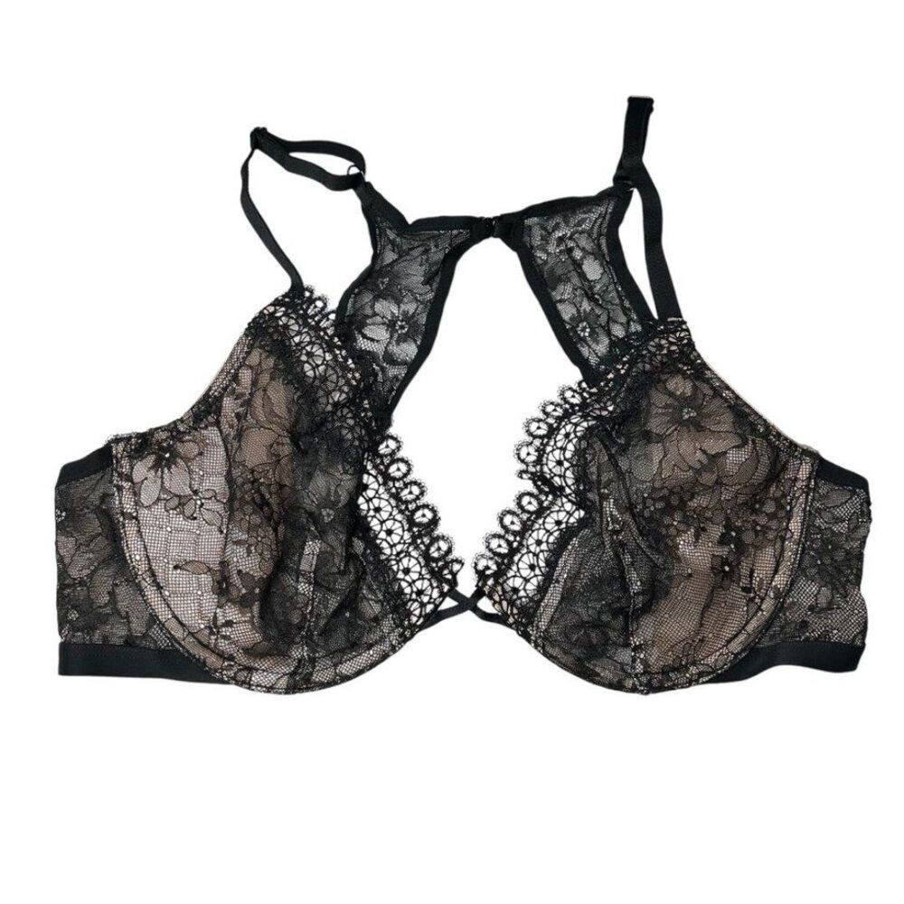Victoria's Secret Black Lace Unlined Bra 32DD Plunging Neckline